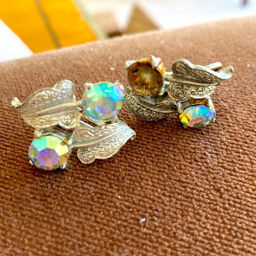 CORO 1950s screw back Aurora Borealis earrings need a little fix
